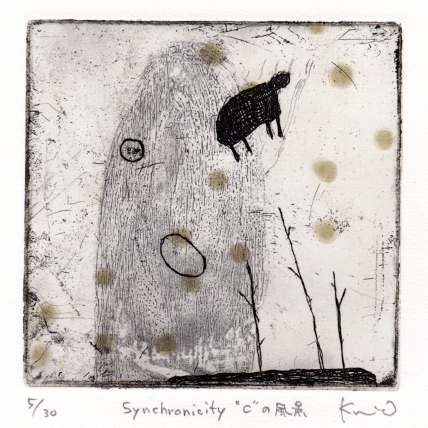 抽象画の絵を銅版画で制作したオバタクミの抽象画「Synchronicity C の風景」を通販で販売
