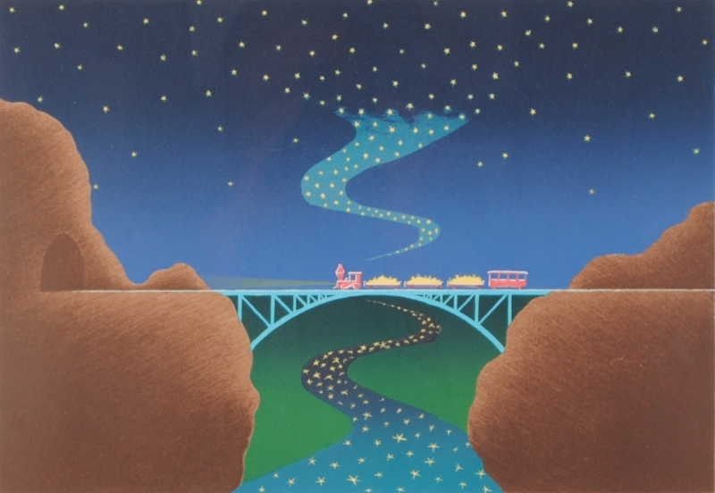 リトグラフの版画で坂本弘が制作したナイーフアートの絵「夜汽車」をご購入