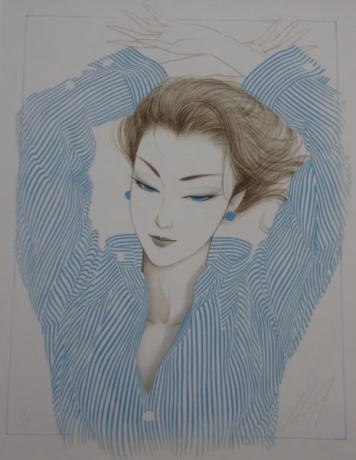 版画のリトグラフで鶴田一郎が制作した絵「ブルーストライプシャツ」