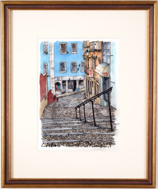 絵画の水彩画で高橋文平が描いたポルトガルのリスボンの風景画「ロッシイオ駅の裏通り」を通販で販売