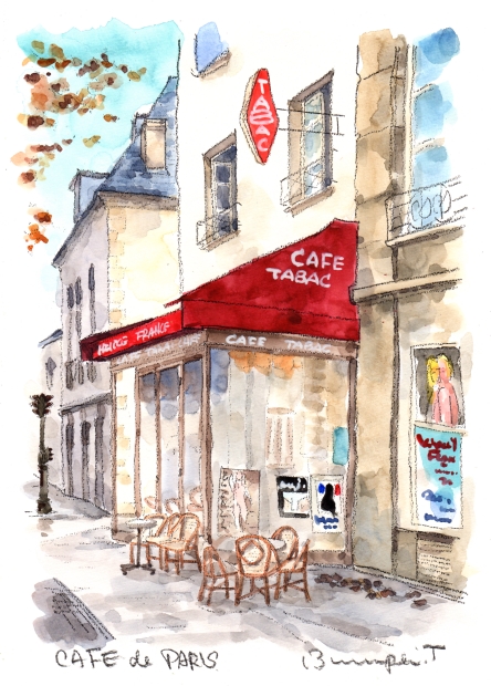 絵画の水彩画で高橋文平が描いたフランスの絵「パリのカフェ」をご購入