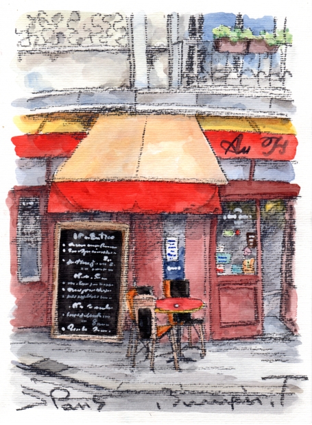 絵画の水彩画で高橋文平が描いたフランスのパリの絵「カフェのテラス ...