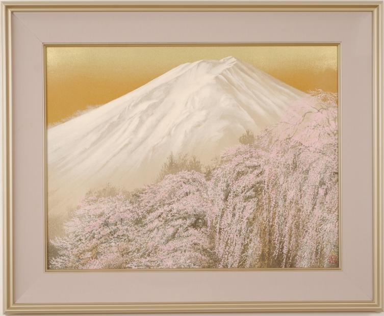 油絵　絵画　原画　月灯りの富士山