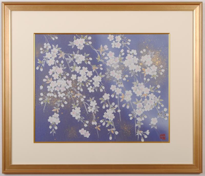 桜の絵画をシルクスクリーンの版画で制作した宇野千代の桜の花の絵画 