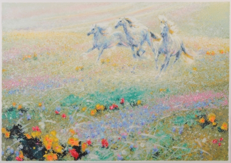 フーチーチュン「草原を駆けるⅠ」シルクスクリーン版画/本人サイン