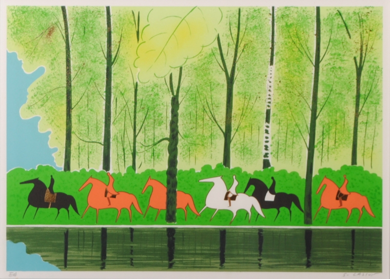 馬の絵をリトグラフの版画で制作したセルジュ・ラシスの馬の絵「湖畔の 