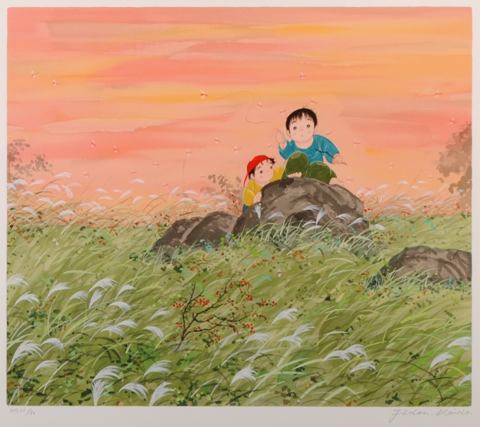 シルクスクリーンの版画で開田風童が制作した絵「とんぼ取り」を購入