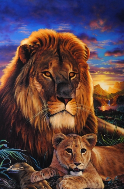 版画のジークレーでラッセンが制作したライオンの親子の絵 ヘリテージ