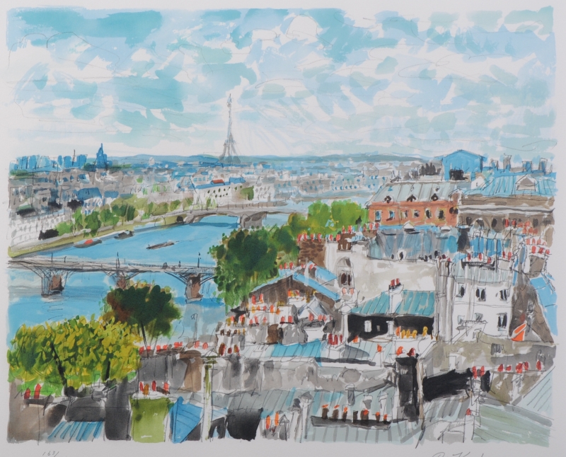 リトグラフの版画で児玉幸雄が制作したパリの風景画「エッフェル塔遠望