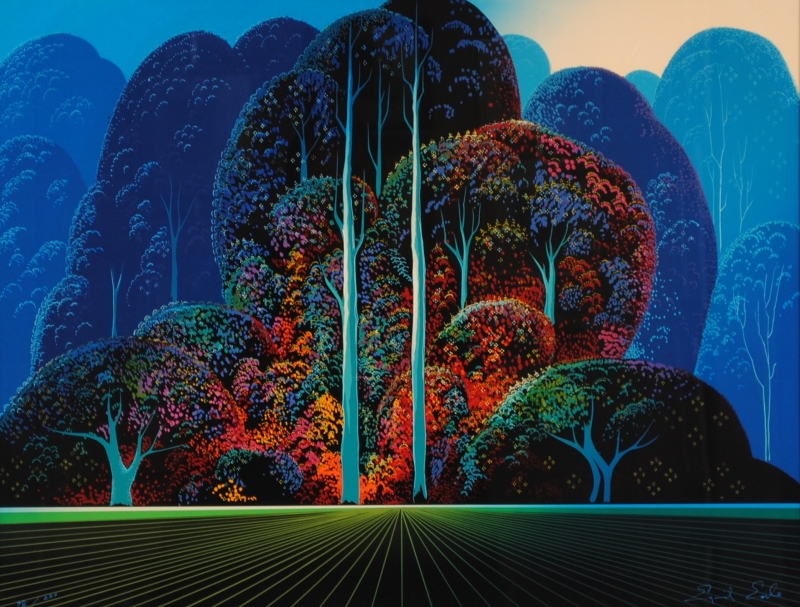 シルクスクリーンの版画でアイベン・ロールが制作した森の絵「トワイライト」