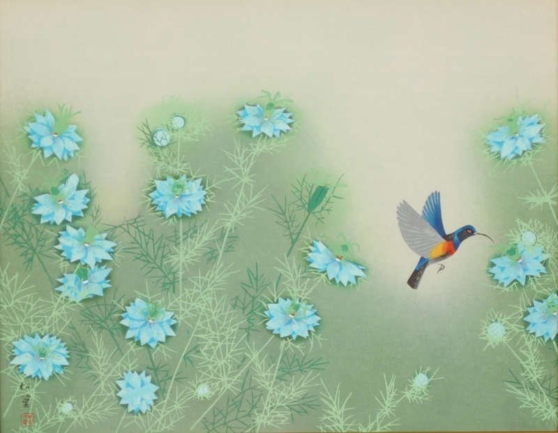 木版画で上村松篁が制作した和の鳥の絵「花の中」をご購入