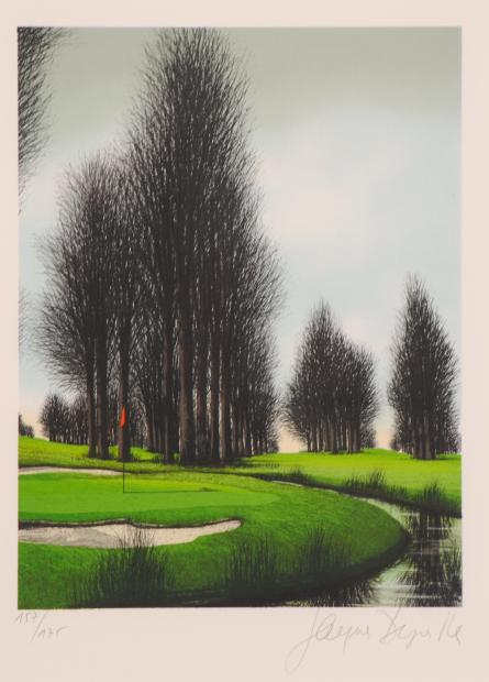 リトグラフの版画でジャック・デペルトが制作したゴルフ場の絵「水辺の 