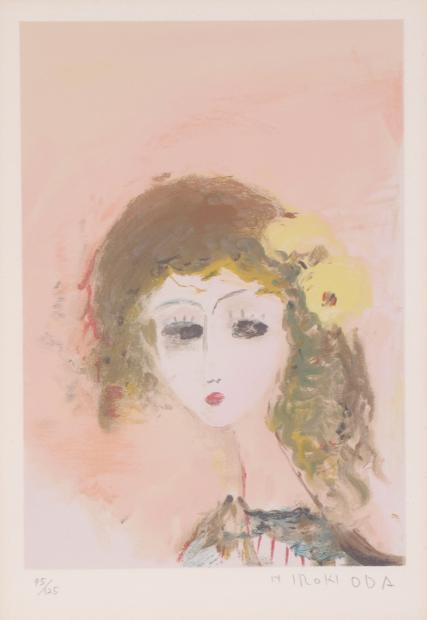 リトグラフの版画で織田廣喜が制作した絵「黄色い花飾りの少女」をご購入
