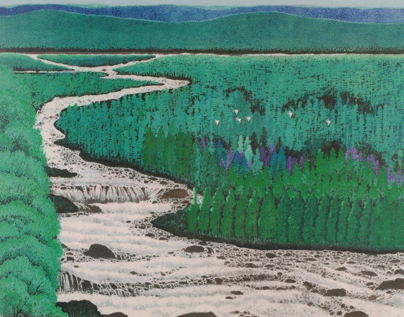 チャン・プー(張歩)がリトグラフの版画で制作した絵「カナダの夏」を