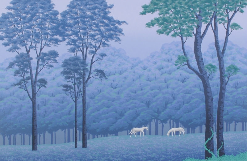馬の絵をシルクスクリーンの版画で制作した国武久巳の馬の絵「蒼霞の森