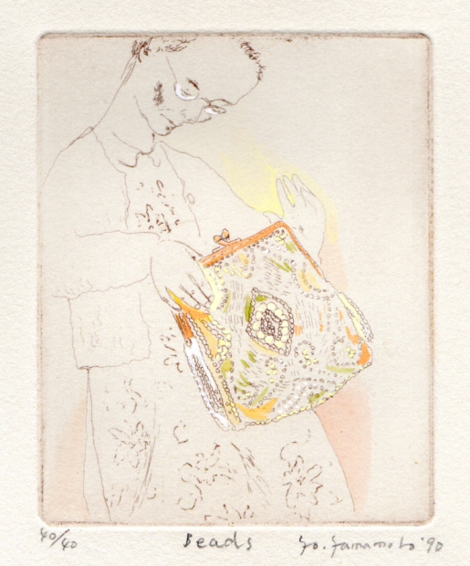 銅版画(エッチング)に手彩色を施して山本容子が制作した絵「ビーズ」を 