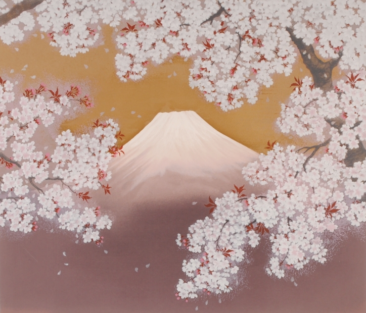 富士山と桜の絵画をシルクスクリーンの版画で制作したあいはら友子の 
