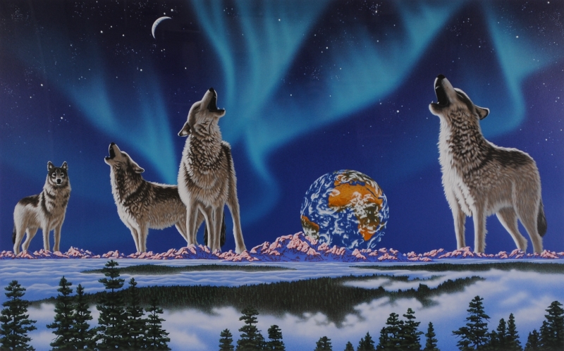 シム・シメールがシルクスクリーンの版画で制作した狼の絵「地球の歌 