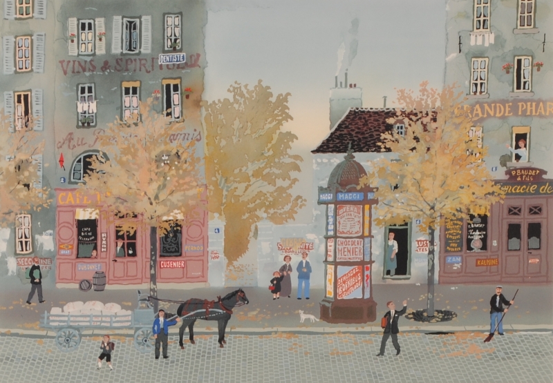 リトグラフの版画でミッシェル・ドラクロワが制作したパリの絵「街並木 