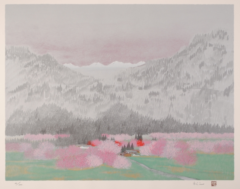 平松礼二がシルクスクリーンの版画で制作した桜と桃と梅の花の和の絵