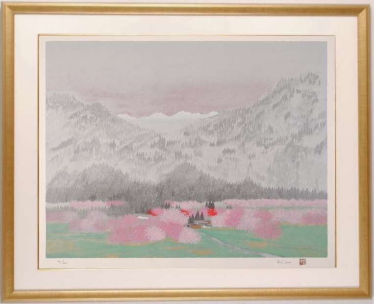 平松礼二がシルクスクリーンの版画で制作した桜と桃と梅の花の和