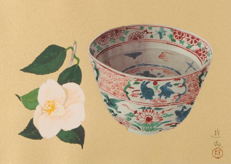 小倉遊亀がリトグラフの版画で制作した和の花の絵「赤絵と白椿」を通販