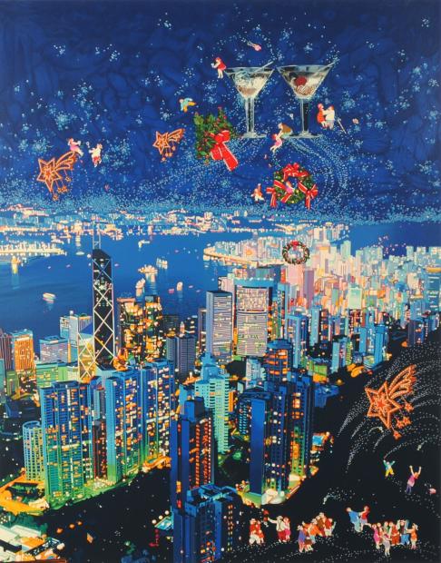 ヒロ・ヤマガタがシルクスクリーンの版画で制作した香港の絵「慕情」を