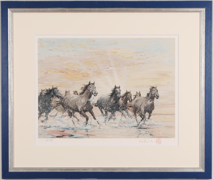 馬の絵画をリトグラフの版画で制作した中畑艸人の馬の絵「採光 
