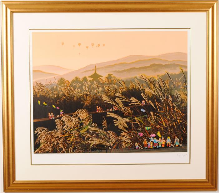 シルクスクリーンの版画でヒロ・ヤマガタが制作した奈良の絵「万葉路