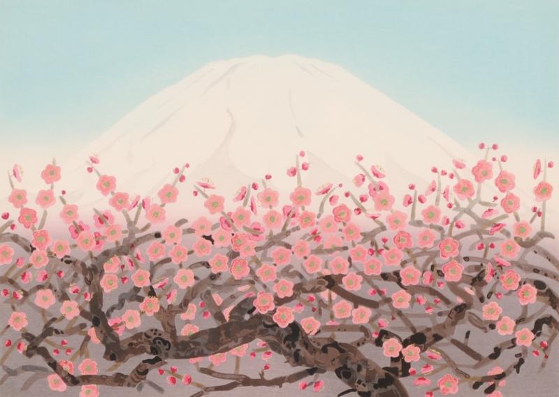 中島千波がシルクスクリーンの版画で制作した富士山と梅の花の和の絵