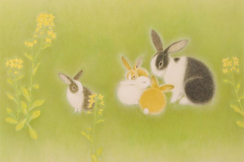 リトグラフの版画で上村松篁が制作したうさぎの和の絵「兎(連作「母と