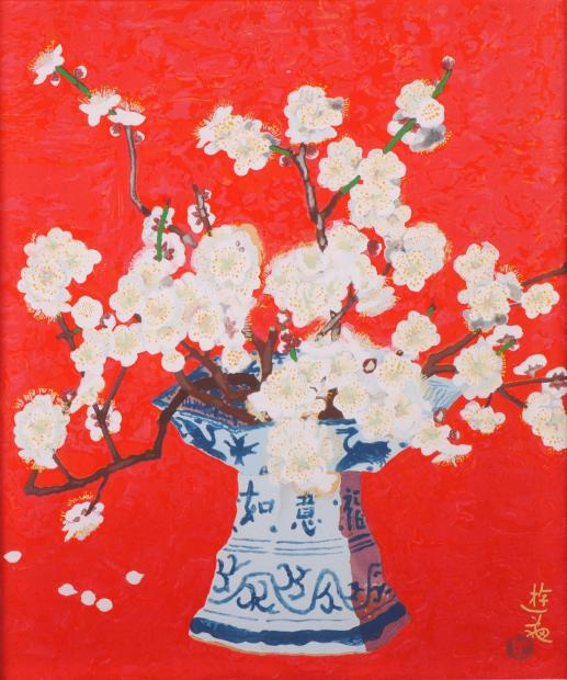 木版画で小倉遊亀が制作した和の花の絵の木版画「つかのま」