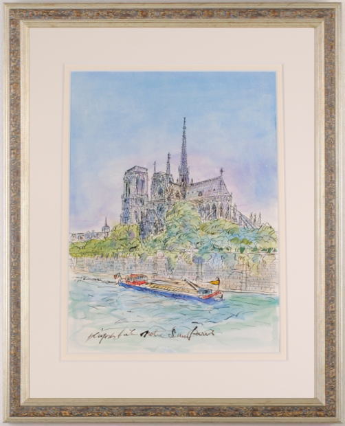 絵画の水彩画で石井清が描いたフランスのパリの風景画「ノートルダム 