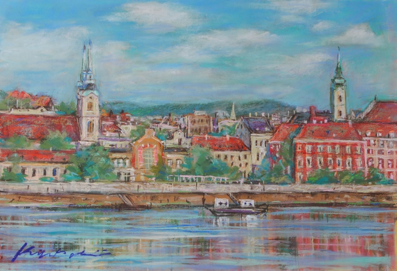 絵画のパステル画で石井清が描いたハンガリーのブタペストの風景画「川