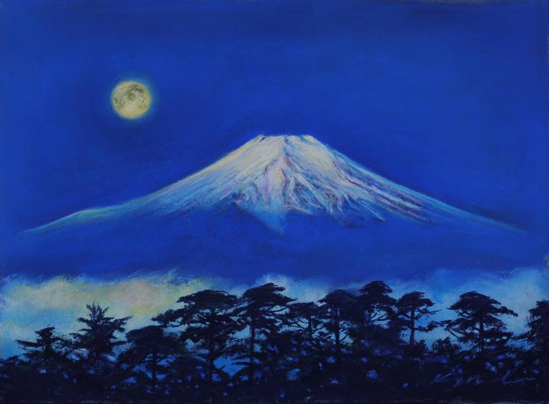 富士山の絵をパステル画の絵画で描いた石井清の富士山の絵「富士と月と ...