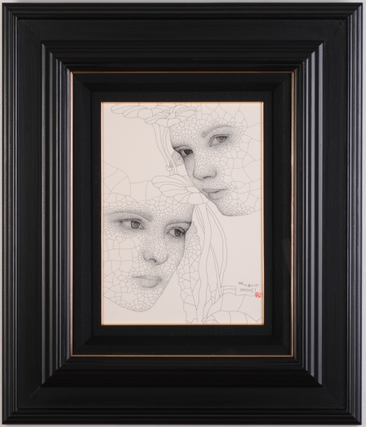 城景都がペン画の絵画で描いた二人の女性の顔の絵「はじめ」を通販で販売