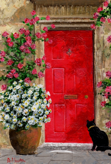 油絵の絵画で生田明が描いた猫の絵の油絵 赤い扉とネコ を購入