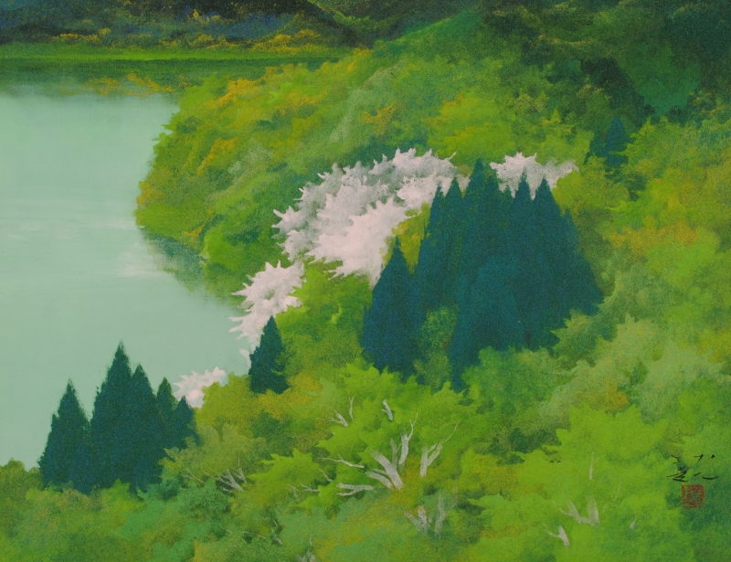 日本画の絵画で佐倉功起が描いた和の絵の風景画「湖畔の桜」をご購入