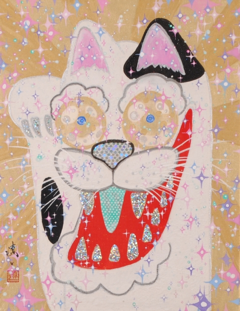 現代アートの絵画を岩絵の具で描いた若佐慎一の現代アート「白招き猫様