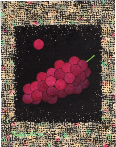 絵画の水彩画で若松愛子が描いた絵「黒い四角の中の赤いブドウ」を購入