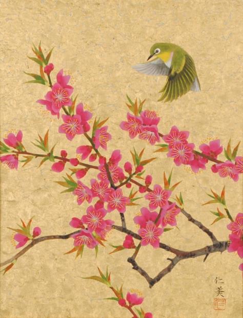 日本画の絵画で田村仁美が描いた和の梅の花の絵「春の日差しに」を通販