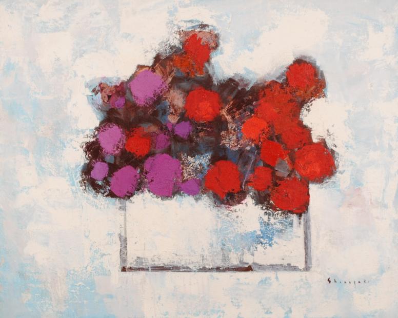 花の絵画を油絵で描いた篠崎晴夫の花の絵「赤と紫の薔薇」を通販 