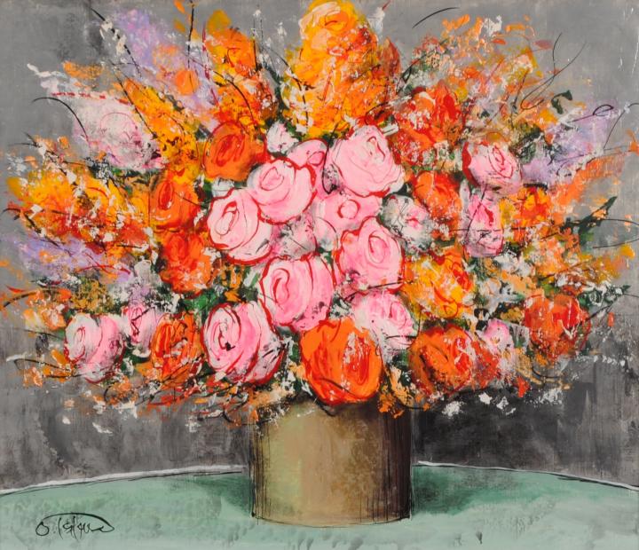 花の絵画を油絵で描いた柿田治の花の絵「薔薇の花束」を通販で販売