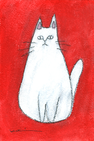 猫の絵をミクストメディアの絵画で描いた香月和夫の作品「白猫」