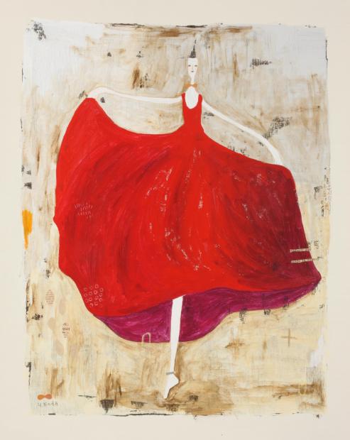 絵画のミクストメディアでコーダヨーコが描いた絵 赤いドレス