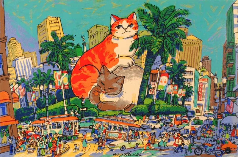 マイケル・ルーがシルクスクリーンの版画で制作した猫の絵のポップ