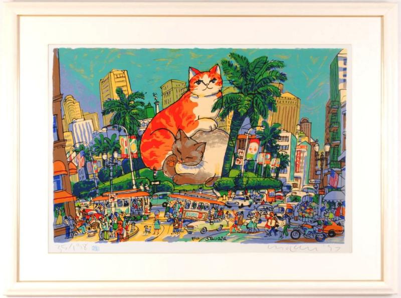 マイケル・ルーがシルクスクリーンの版画で制作した猫の絵のポップ 