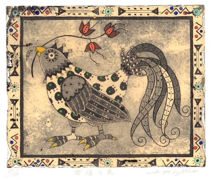 銅版画で朝日みおが制作した鳥の絵の銅版画「幸福な鳥」を通販で販売