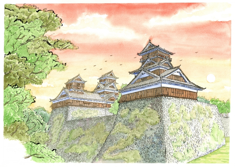 絵画の水彩画で内藤謙一が描いた熊本城の風景画「熊本城・宇土櫓と天守閣」をご購入