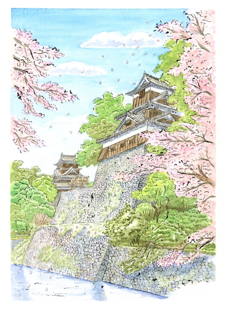 絵画の水彩画で内藤謙一が描いた熊本城の風景画「熊本城・飯田丸五階櫓 